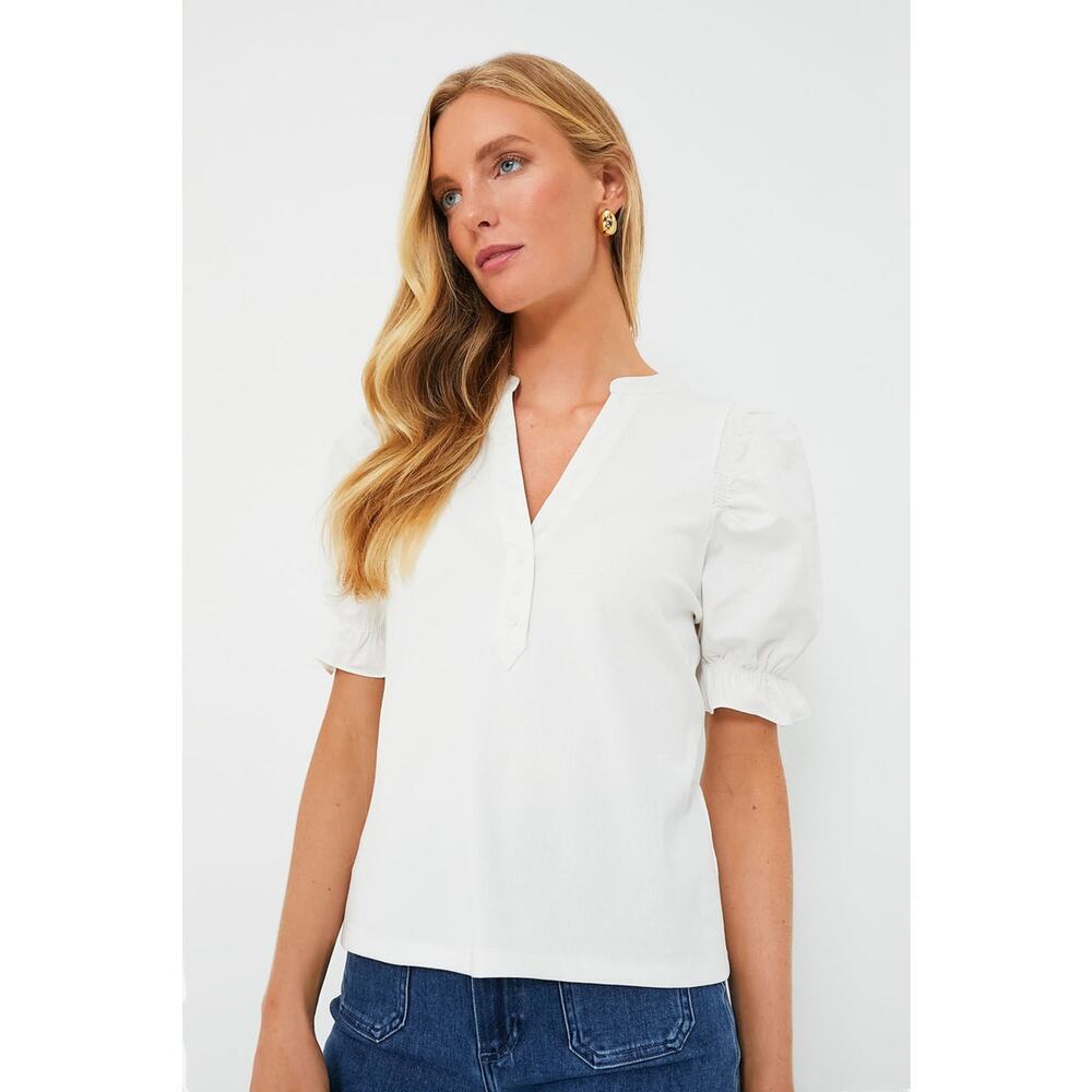 Pomander Place Livia White Ruffled Short Sleeve V-Neck Blouse NWT